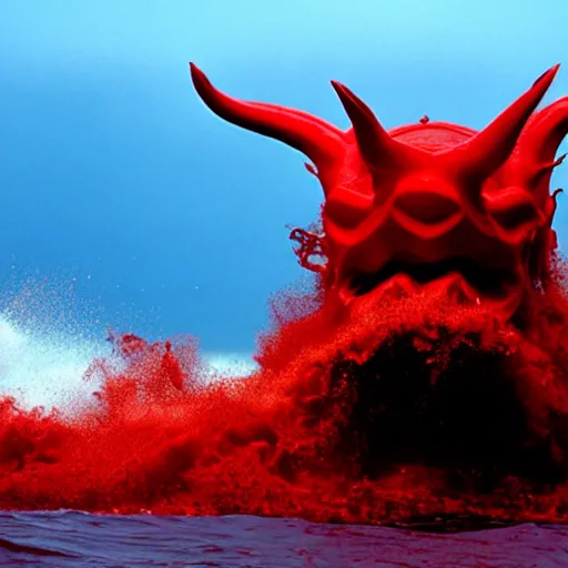 Image similar to a devilish red monster with horns emerging from boiling rough seas, photo by david lachapelle, s - 5 0