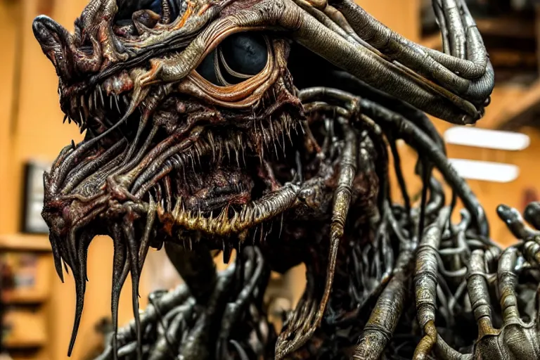 Image similar to photo taken of an epic intricate, ultra detailed, super realistic gritty, hero prop, exquisitely weathered animatronic movie prop of a lifelike sculpture of a nightmarish hellish alien creature displayed in the workshop, created by weta workshop, full body shot, photorealistic, sharp focus
