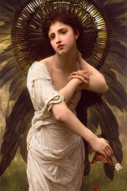 Image similar to hyperrealist highly detailed english medieval portrait of high fashion archangel wrapped in ferrofluid liquid, Art by William Adolphe Bouguereau,, Art by William Adolphe Bouguereau,, by Annie Swynnerton and Tino Rodriguez and Maxfield Parrish, elaborately costumed, rich color, dramatic cinematic lighting, extremely detailed, radiating atomic neon corals, concept art pascal blanche dramatic studio lighting 8k wide angle shallow depth of field, Art by William Adolphe Bouguereau, extreme detailed and hyperrealistic