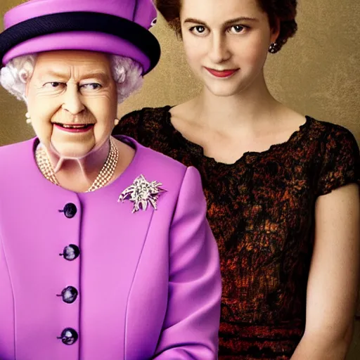 Image similar to A portrait photo of queen elizabeth teams up with a teenage queen elizabeth, perfect faces, 50 mm, award winning photography