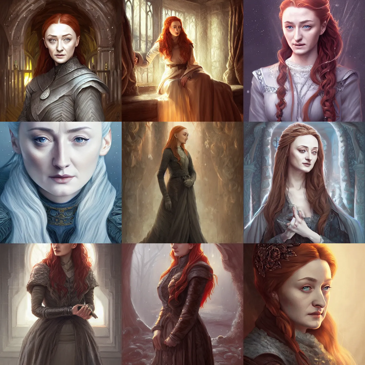 Prompt: a painting of sansa stark as an old woman by artgerm and ross tran, highly detailed digital art, intricate environment, atmospheric lighting, deviantart