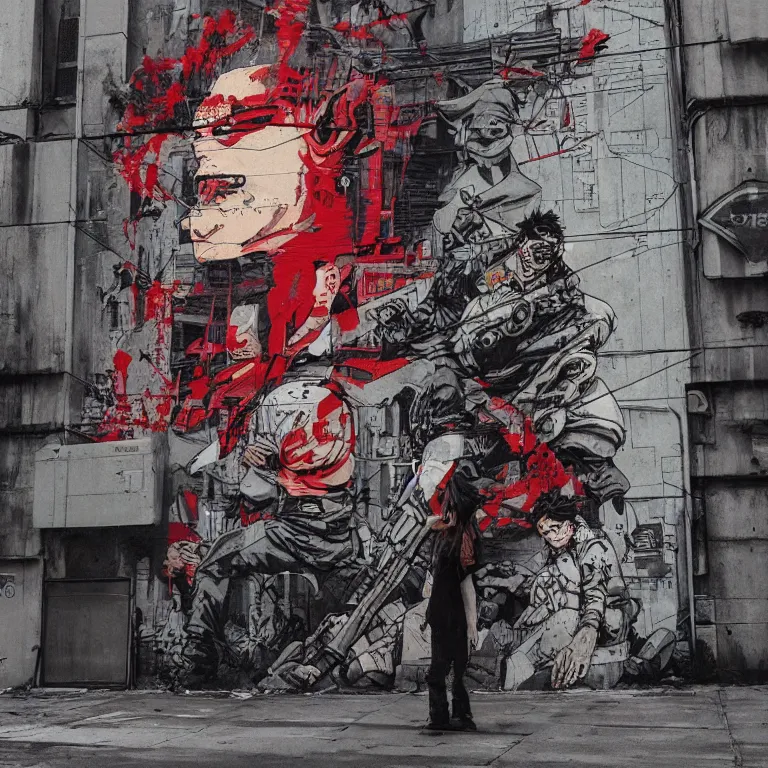 Prompt: Street-art cyberpunk Akira in style of Banksy, photorealism