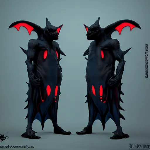 Image similar to front and back character view of scary giant mutant dark blue humanoid bat, glowing red eyes flying above a stormy ocean, sharp teeth, acid leaking from mouth, realistic, giant, bat ears, bat nose, bat claws, bat wings, furred, covered in soft fur, detailed, trending on artstation clean concept art and sheet that using unreal engine 5 render and hyper detailed 3D texture with cinematic software light 85mm f/1.4