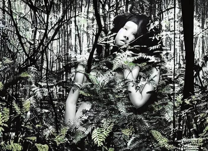 Prompt: a female model with long black hair, emerging from a dense misty forest of fern leaves wearing camouflage by yohji yamamoto, in the style of daido moriyama, double exposure