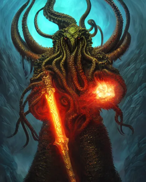 Image similar to oil painting of Cthulhu, wearing intricate fur armor, sharp focus, holding magical fiery Sword, magical aura, heroic pose, fantasy style, octane render, volumetric lighting, 8k high definition, by greg rutkowski, highly detailed, trending on art Station, magic the gathering artwork, magical Battlefield backround, centered