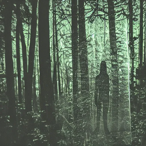 Image similar to grainy trail cam photo still of an alien in the woods at night hiding in the trees of a forest