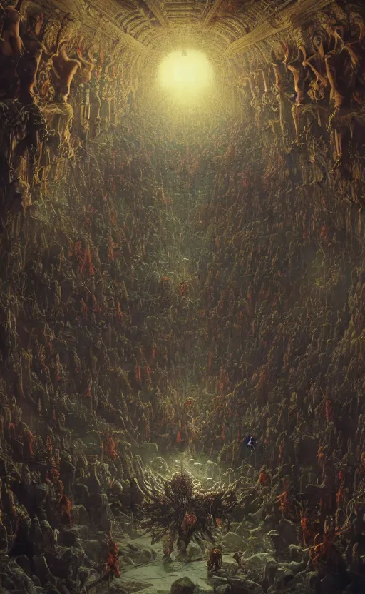 Prompt: hordes of demons breaking into heaven, baroque architecture, detailed, vivid colors, masterpiece painting, octane render, volumetric lighting, cinematic, by gustave dore, by michelangelo, by beksinski