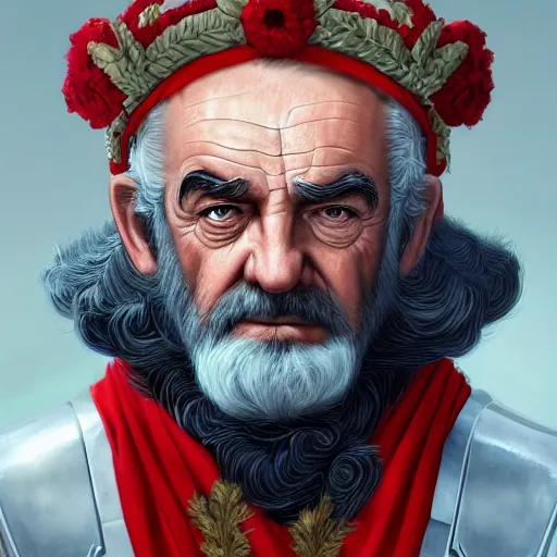 Prompt: portrait of old sean connery as a roman emperor, white hair and beard, laureal wreath, mattepainting concept blizzard pixar maya engine on stylized background splash comics global illumination lighting artstation, sharp focus, lois van baarle, ilya kuvshinov, rossdraws