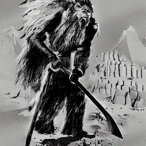 Image similar to norse troll blacksmith with sledgehammer profile portrait half body monochrome portrait hammer cover illustration dramatic kvlt by peder balke by peder balke by guido crepax by norman bluhm mystic high contrast monochromatic norway