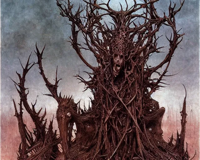 Prompt: Ancient cultic ritual totem made of horns and thorns by Beksinski, Arthur Rackham, Eugene de Blaas, Dariusz Zawadzki, Wayne Barlowe