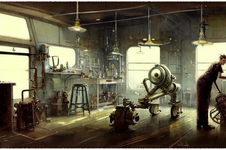 Image similar to ( ( ( ( ( 1 9 5 0 s retro science fiction mechanics shop interior scene. muted colors. ) ) ) ) ) by jean - baptiste monge!!!!!!!!!!!!!!!!!!!!!!!!!!!!!!