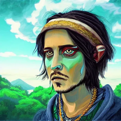 Image similar to “John Depp, portrait!!! Mononoke-hime style, cartoon, blue sky with white clouds green hills and mountains on the background, fantasy, photorealistic, concept Art, ultra detailed portrait, 4k resolution”