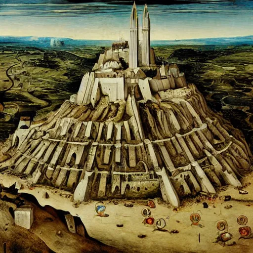 Image similar to Minas Tirith by Bruegel, oil-painting, masterpiece