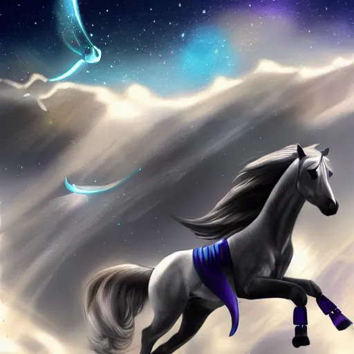 Image similar to fantasy sci fi horse flying in space concept art