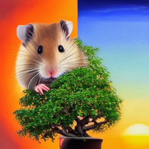 Prompt: an extremely detailed oil painting of a hamster, sitting under a bonsai tree at the sunset. colorful. trending on artstation. 4 k.