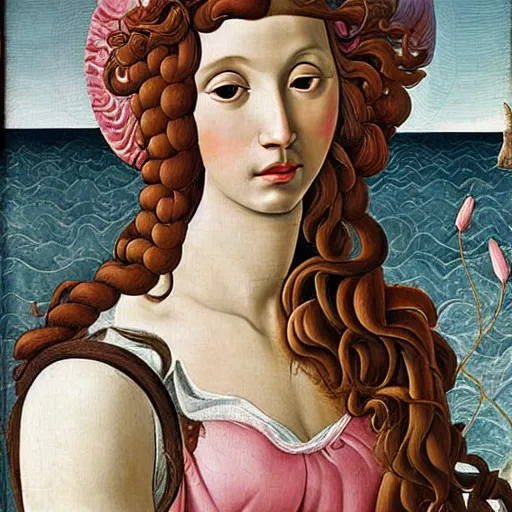 Image similar to an hyperrealistic mythological oil painting of venus with long curly brown hair, full body, wearing pink floral chiton, sleeping on a giant scallop shell, near the seashore, intricate lines, elegant, renaissance style, by sandro botticelli