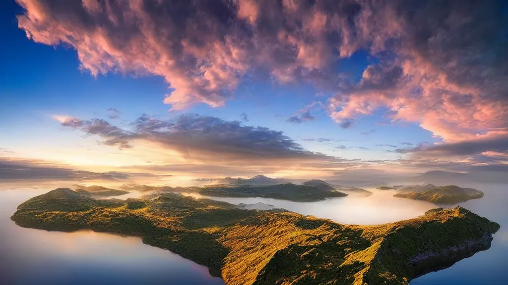 Image similar to amazing landscape photo of a flying island above a lake, above the sky, above clouds, in sunset by marc adamus, beautiful dramatic lighting