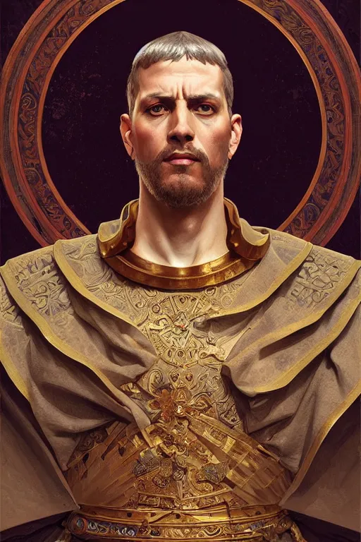 Prompt: medieval rome emperor, realistic portrait full body, symmetrical, highly detailed, digital painting, artstation, concept art, smooth, sharp focus, illustration, cinematic lighting, art by artgerm and greg rutkowski and alphonse mucha