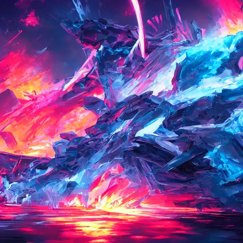 Image similar to explosions of ice and fire, retrowave epic art, trending on art station