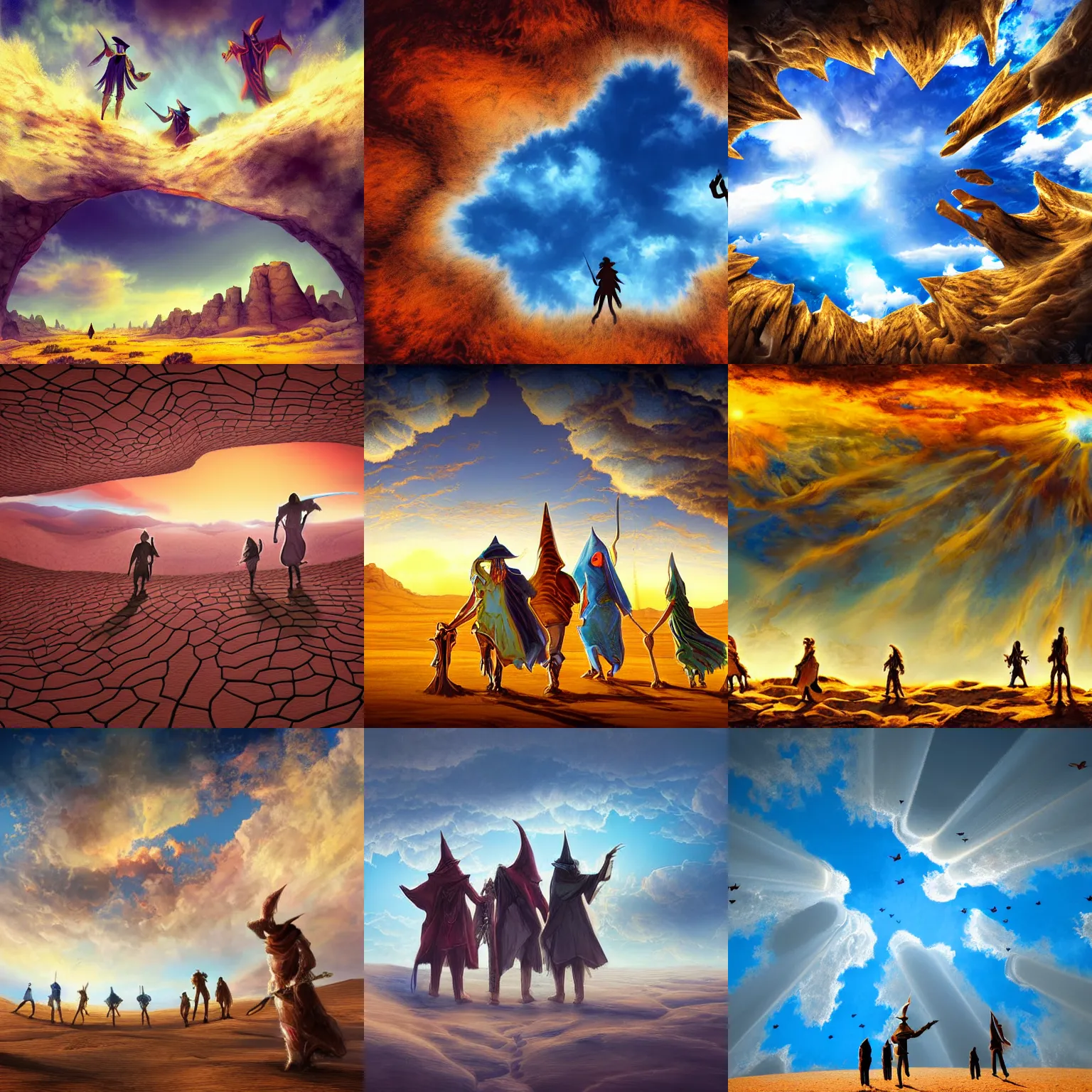 Prompt: group of wizards walking through a flat desert plateau, fantasy art, view from below, brightly lit, fractal sky,