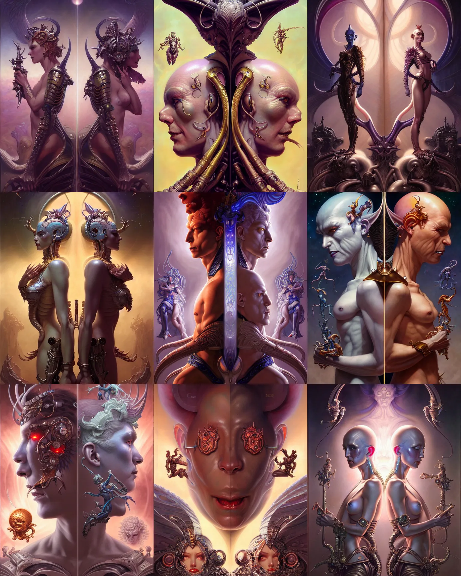 Prompt: beautiful gemini good and evil fantasy character portrait, ultra realistic, wide angle, intricate details, the fifth element artifacts, highly detailed by peter mohrbacher, hajime sorayama, wayne barlowe, boris vallejo, aaron horkey, gaston bussiere, craig mullins