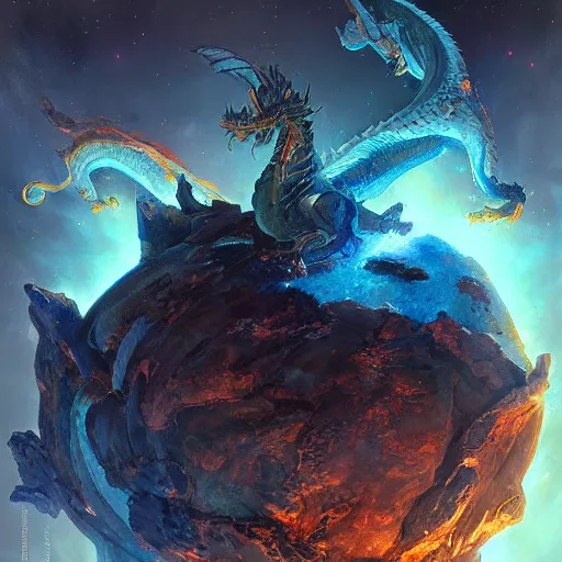 Image similar to prompt blue crystalline dragon, European dragon, devouring a planet, space, planets, moons, sun system, nebula, oil painting, by Fernanda Suarez and and Edgar Maxence and greg rutkowski