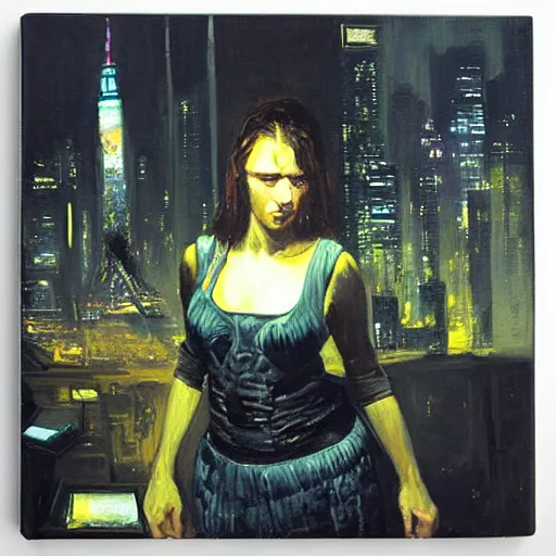 Image similar to “ a girl! looking down at a futuristic new york city below in the year 3 6 6 6, cyberpunk, detailed face, oil painting, by george bellows ”