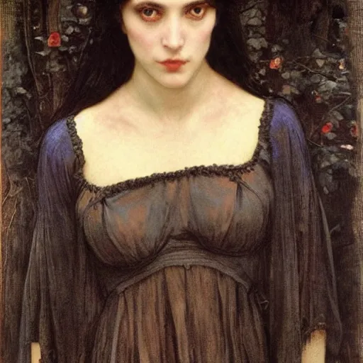 Prompt: A striking Pre-Raphaelite witch with intense eyes and jet black hair, by John Collier, by John William Waterhouse, by John Everett Millais