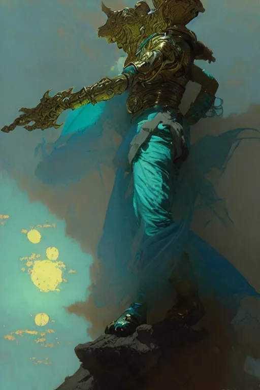 Image similar to pearlescent turquoise moon sorcerer, male character design, painting by gaston bussiere, craig mullins, greg rutkowski, alphonse mucha, trending on artstation