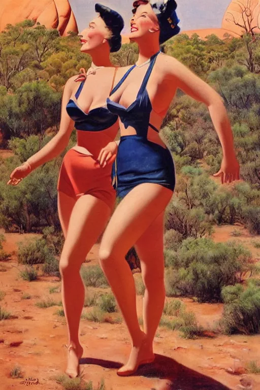 Image similar to 1940s group of pinup bikini girls walking around 1940s Ayers Rock, Uluru, in Australia, oil painting, by Gil Elvgren