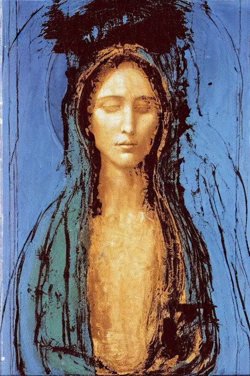 Image similar to virgin mary of lourdes painted by cy twombly and andy warhol