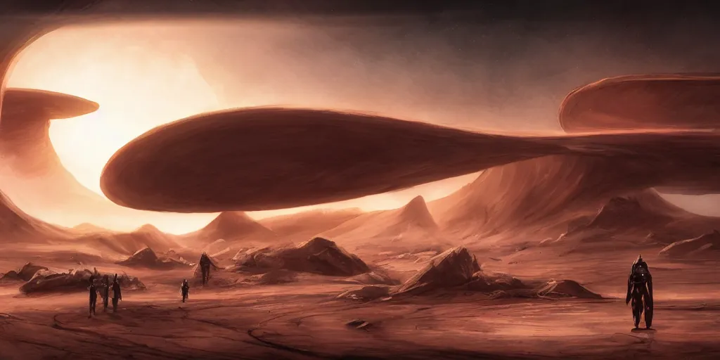 Prompt: The Atreides leave their homeworld Caladan for Arrakis, concept art inspired by Deak Ferrand, Ethereal, artstation, 8k