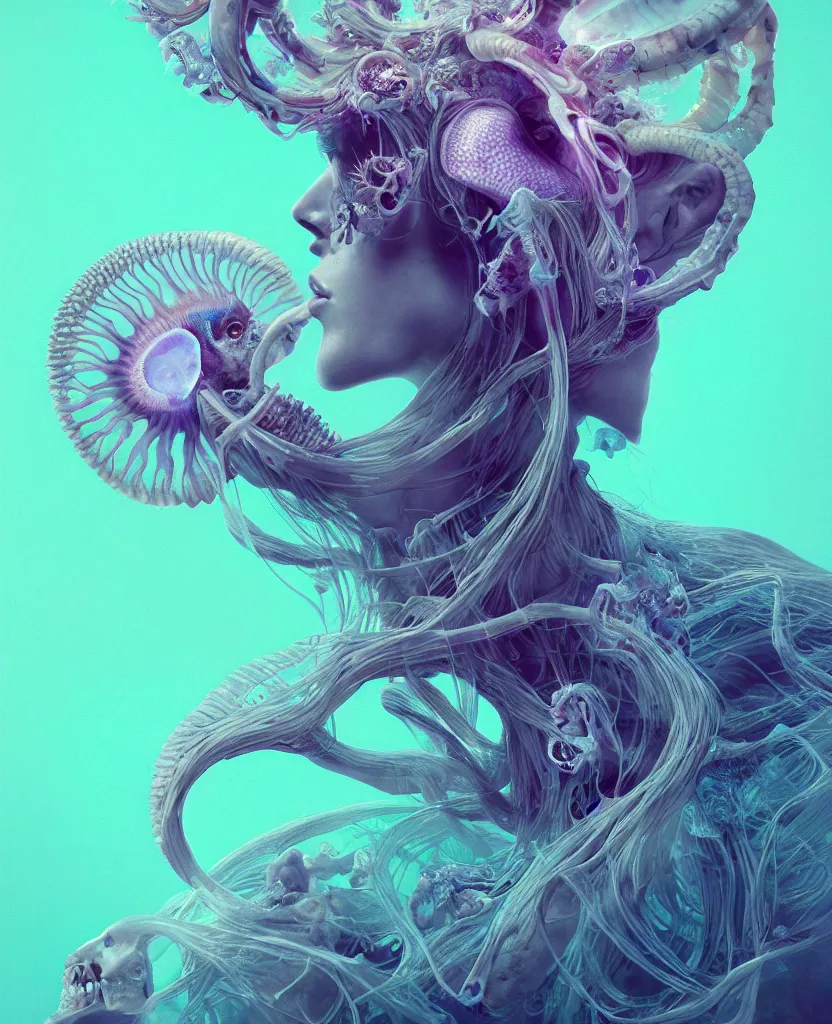 Image similar to goddess close-up portrait ram skull, thorax, x-ray, backbone, jellyfish phoenix head, nautilus, orchid, skull, betta fish, bioluminiscent creatures, intricate artwork by Tooth Wu and wlop and beeple. octane render, trending on artstation, greg rutkowski very coherent symmetrical artwork. cinematic, hyper realism, high detail, octane render, 8k