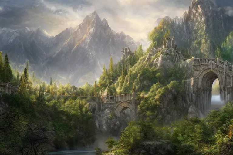 Prompt: rivendell from lord of the rings matte painting by yanick dusseault and dylan cole, artstation, 4 k, insanely detailed,