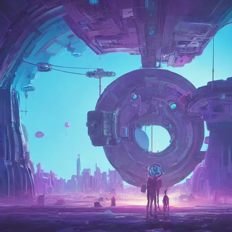Image similar to a circle!! portal!!! structure floating in space!!, cyberpunk, epic surrealism, indigo, purple, cyan, detailed digital matte painting in the style of simon stalenhag and painting by ralph mcquarrie