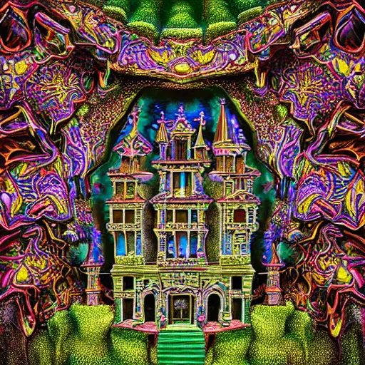 Prompt: “Moulded transilvanian castle in a valley of psychedelic mushrooms, Photography, Shot on 70mm, Super-Resolution Microscopy, Exposure, Megapixel, Evil, Nano, Moss, Tremella-Fuciformis, Ray Tracing Reflections, Ray Traced, insanely detailed and intricate, hypermaximalist, elegant, ornate, hyper realistic, super detailed”