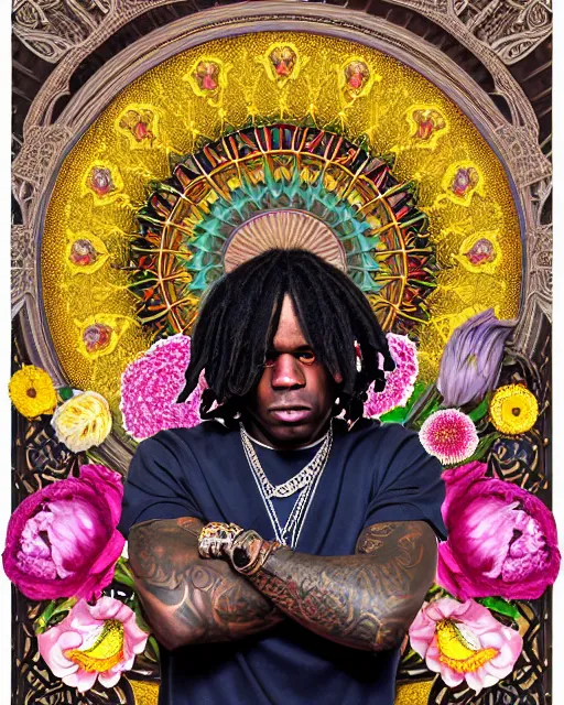 Prompt: a portrait of Chiefkeef in front of an Art Nouveau mandala wearing a huge elaborate detailed ornate crown made of all types of realistic colorful flowers, turban of flowers, sacred Geometry, Golden ratio, surrounded by scattered flowers peonies dahlias lotuses roses and tulips, photorealistic face, Cinematic lighting, rimlight, detailed digital painting, Portrait, headshot, in style of Alphonse Mucha, Artgerm, WLOP, Peter Mohrbacher, William adolphe Bouguereau, cgsociety, artstation, Rococo and baroque styles, symmetrical, hyper realistic, 8k image, 3D, supersharp, pearls and oyesters, turban of vibrant flowers, satin ribbons, pearls and chains, perfect symmetry, iridescent, High Definition, Octane render in Maya and Houdini, light, shadows, reflections, photorealistic, masterpiece, smooth gradients, no blur, sharp focus, photorealistic, insanely detailed and intricate, cinematic lighting, Octane render, epic scene, 8K