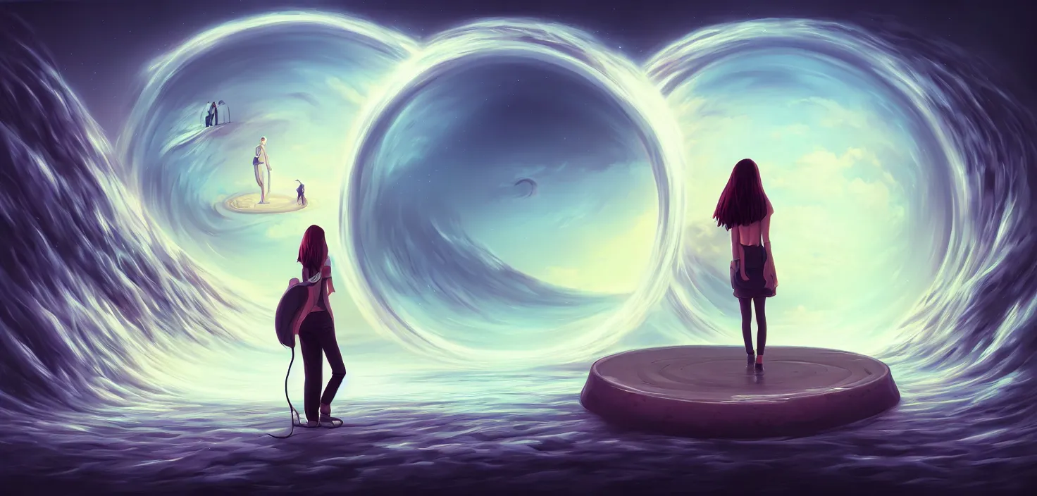 Image similar to a person standing in front of a large circular object, an album cover by cyril rolando, deviantart, magic realism, photoillustration, apocalypse art, matte drawing