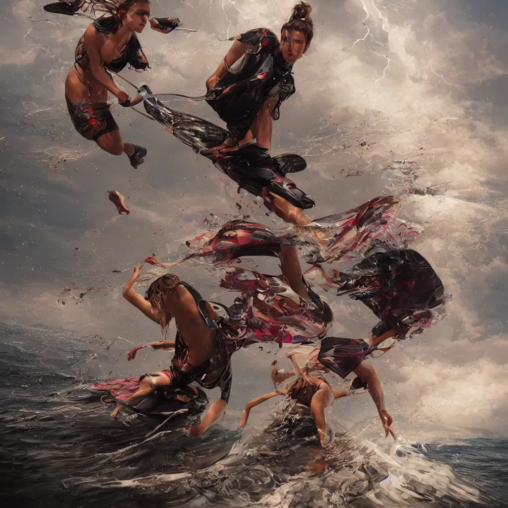 Image similar to barefoot waterskier, 8 k, by tristan eaton, stanley artgermm, tom bagshaw, greg rutkowski, carne griffiths, trending on deviantart, hyper detailed, glorious lighting, dramatic lightning