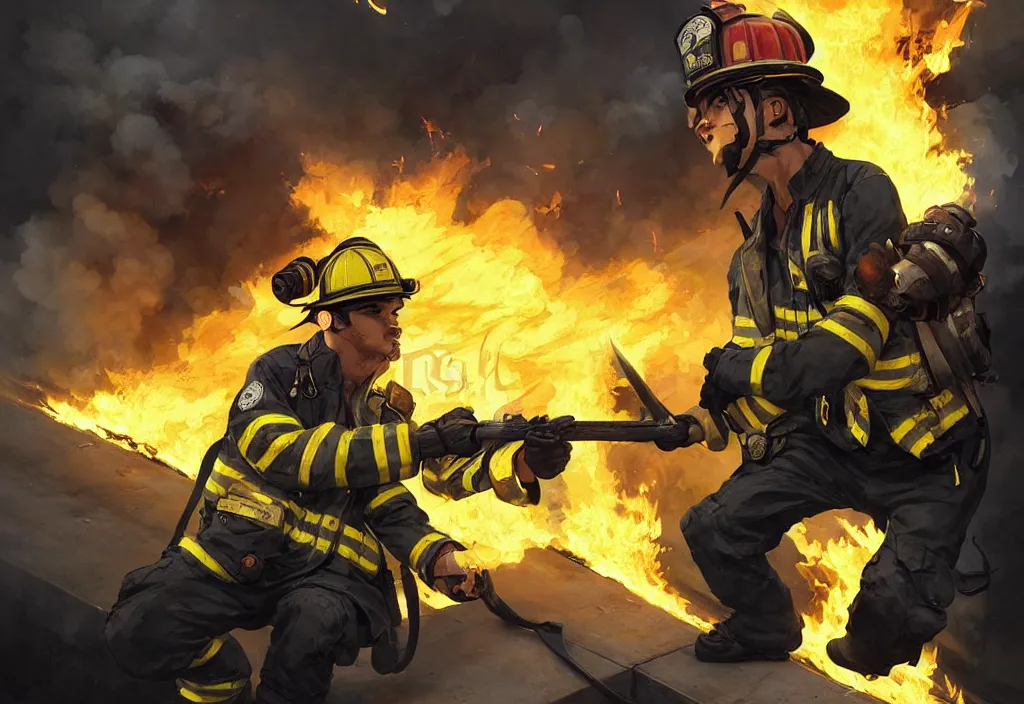 Image similar to heroic firefighter in action in black and yellow uniform, fire flames, sharp details, sharp focus, elegant, highly detailed, illustration, by jordan grimmer and greg rutkowski and 薯 子 imoko and wlop and maya takamura, intricate, art gta 5 cover