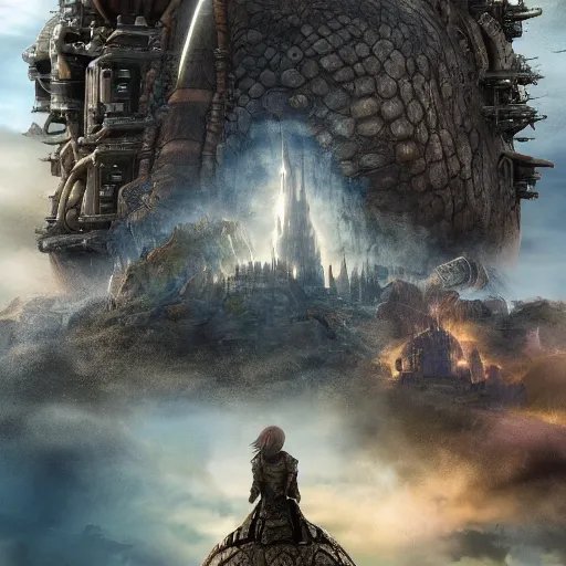 Image similar to giant tortoise walking with a large fantasy castle armor, distant shot birds eye view, fantasy, hyper detailed, 4 k, howls moving castle, mortal engines,