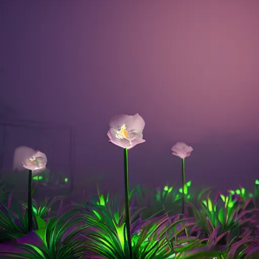 Image similar to Luminescent flower blooming at twilight, cgsociety, r /art, trending on artstation, artstationHD, octane render, highly detailed, vray, volumetric lighting, unreal engine