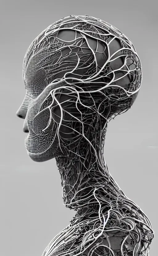 Image similar to black and white complex 3d render of a beautiful profile woman face, vegetal dragon cyborg, 150 mm, silver magnolia stems, roots, fine lace, maze like, mandelbot fractal, anatomical, facial muscles, cable wires, microchip, elegant, highly detailed, black metalic armour, rim light, octane render, H.R. Giger style