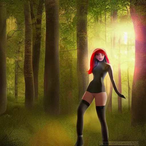 Prompt: a girl in the woods, wearing futuristic clothes, with a red bright orb shining above her, digital art, 4k detailed