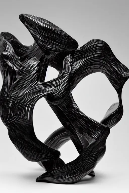 Image similar to a beautiful crafted and rendered black abstract, porcelain sculpture, with many details, that is turning itself inside, rotated and twisted, hyperrealistic and high details and minimalistic ornaments