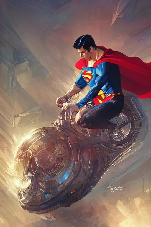 Prompt: superman riding a hover tricycle, cyberpunk, intricate, elegant, highly detailed, digital painting, artstation, concept art, smooth, sharp focus, illustration, art by artgerm and greg rutkowski and alphonse mucha