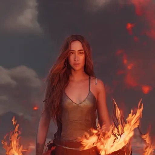Prompt: alycia debnam-carey as a pyromancer with fire aura in the background, fantasy, illustration, octane render, detailed picture, concept art, Ray tracing reflection