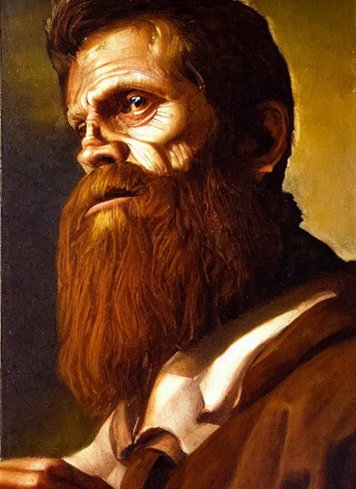 Image similar to portrait painting of willem dafoe with short beard, renaissance oil painting, studious chiaroscuro