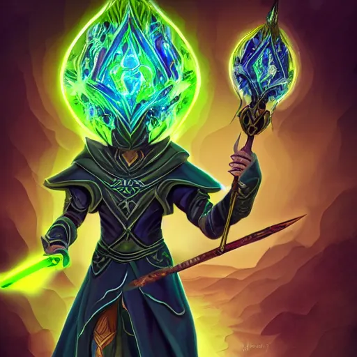 Prompt: illustration of a dark magician wielding an oversized magical staff with green eyes, intricate, elegant, highly detailed, centered, digital painting, artstation, concept art, smooth, sharp focus