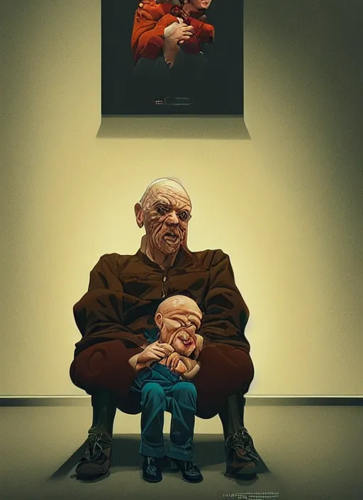 Image similar to poster artwork by Michael Whelan and Tomer Hanuka, Karol Bak of a old man transferring his soul into a young boy, sitting in the board room, from scene from Twin Peaks, clean